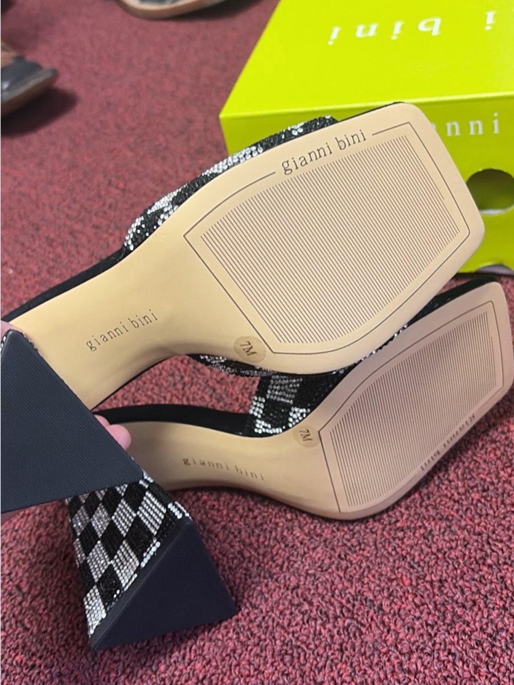 Gianni Bini Black & White Checkered Crystal Slide Mules - Picture 5 of 6